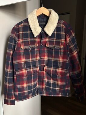 Banana Republic Navy and Red Plaid Sherpa-Collar Field Jacket